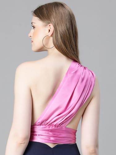 Image of oxolloxo Women Solid Elasticated One-Off Shoulder Satin Crop Top