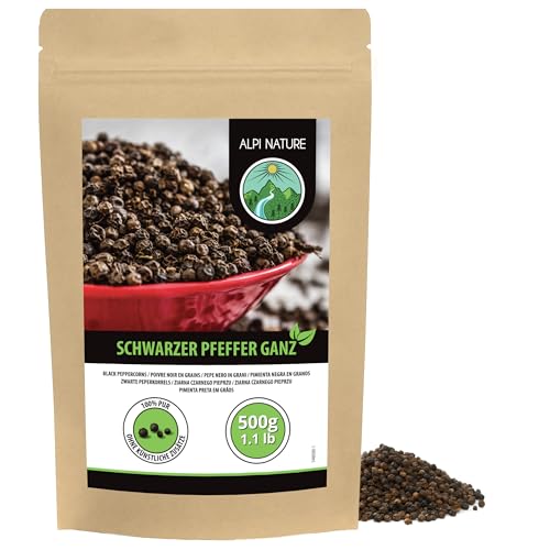 Alpi Nature Pimienta Negra en Grano 500g, Granos de Pimienta Negra Enteros para Cocinar