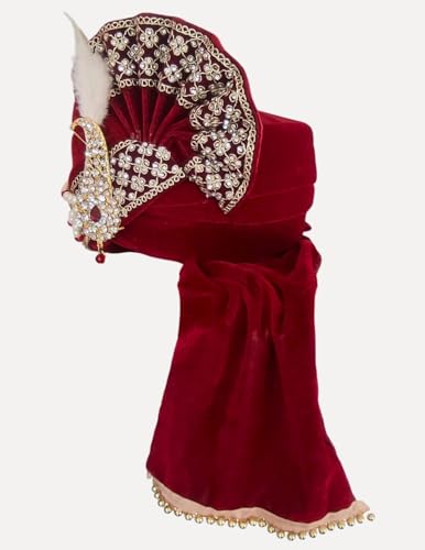 Image of BookMyCostume Dulha & Royal Wedding Turban Collection - Premium Silk, Velvet, Zari Work Safa with Kalgi & Brooch - Traditional Indian Dulha Pagdi /Sehra Perfect for Weddings & Role Plays for Men & Kids