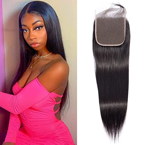 Straight 4x4 Lace Closure Free Part 100% Unprocessed Human Hair Lace Closure Pre Plucked Hand Tied Swiss Lace Closure Natural Color (14 Inch)