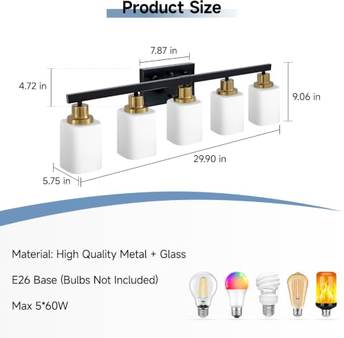 Image of 5-Light Black and Gold Vanity Light,Bathroom Lighting Fixtures,30 inch