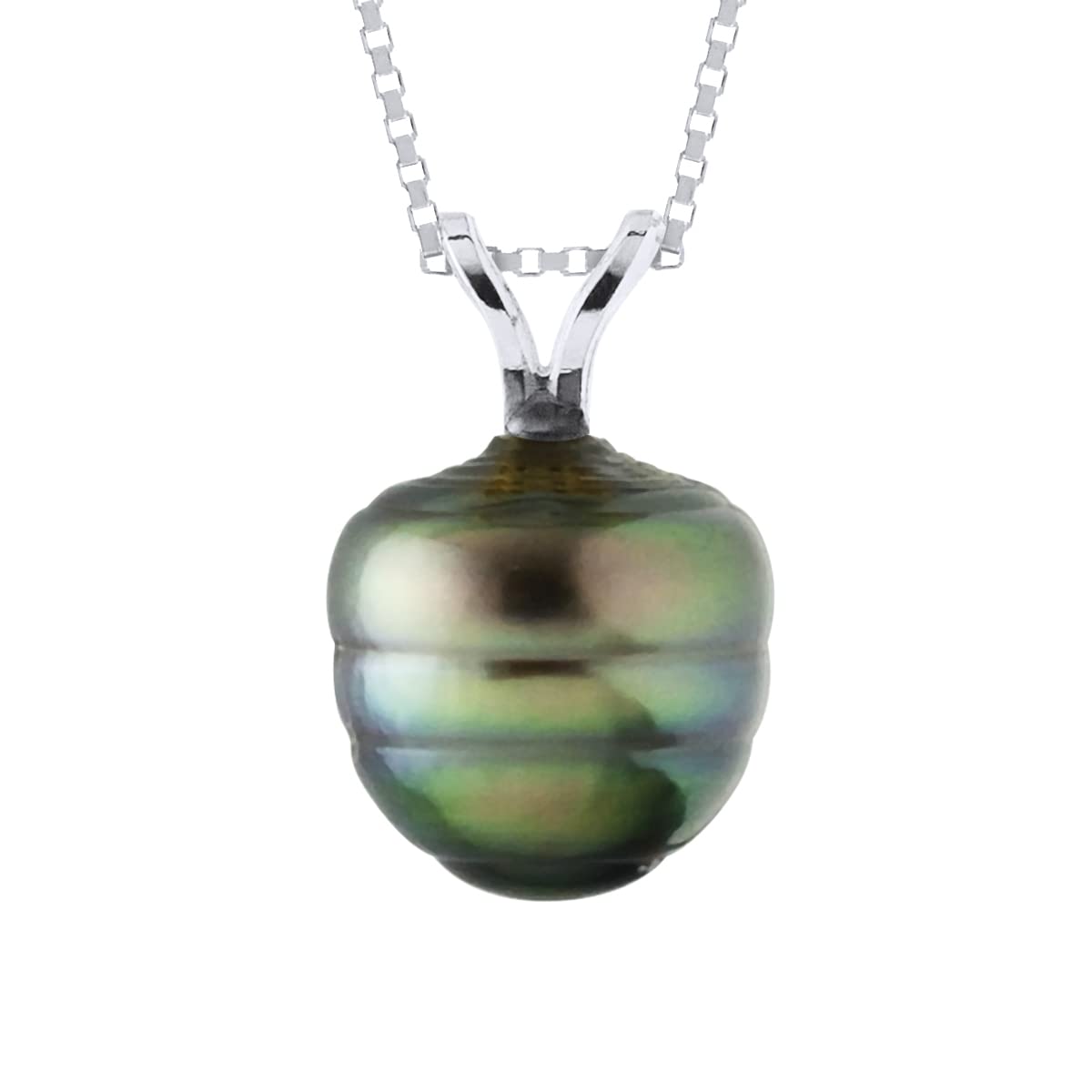 PEARLS & COLORS - Pendentif Véritable Perle de Culture de Tahiti CERCLEE 9-10 mm - Disponible en Or Jaune & Or Blanc 750 (18 Carats) - Chaine OFFERTE - Bijou Femme