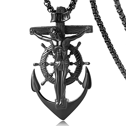 Yami Cross Necklace For Men, Titanium Steel Crucifix Jesus Boat Rudder Anchor Sailor Mens Holy Pendant With 24 Inches Chain For Boys, Faith Marine Jewelry Gifts, Black #TOP20