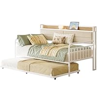 LIKIMIO Daybed with Trundle, Sturdy Metal Twin Bed Frame with Upholstered Headboard and Charging Station for Living Room, Bedroom and Guest Room, White