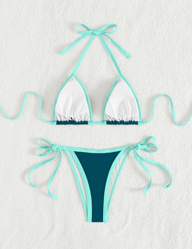 Image of Tainehs Women's Sexy Halter Thong Bikini Tie Two Sides Bottom Triangle Bikini Swimsuits
