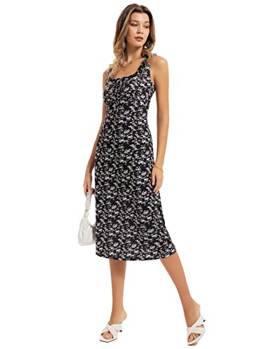 Women's Floral Print Midi Tank Dress Scoop Neck Sleeveless Summer Casual Bohemian Beach Dress Midi Sundress Black M #TOP1