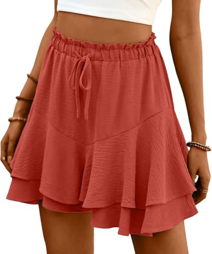 ABINGOO Shorts Damen Sommer Rüschen Freizeit Einfarbig Hosenrock Leicht Und Luftig Minirock Elastische Hoher Taille Kurz Strand-Hosen Mit Kordelzug(Orange S)