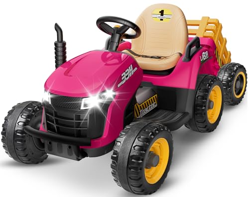 Image of ARBELI 24V Ride On Tractor w /2.4G Remote Control, Tiltable Trailer, Pink