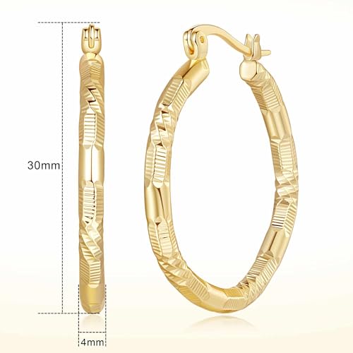Gold Earrings 14k Gold Hoop Earrings for Women Large Hoop Earring with V-Shaped Engraved Design Womens Hoops Earring 30MM2