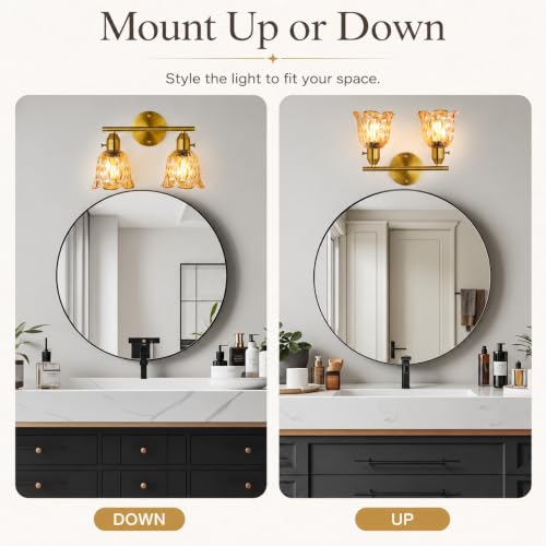 Image of 14.17 inch 2-Light Bathroom Light Fixtures, Gold Vintage Vanity Lights with Clear Amber Glass Shades, Bathroom Wall Lamp for Mirror Living Room Cabinet Bedroom Porch