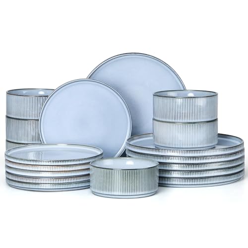 Image of E-far Stoneware Dinnerware Sets, 18-Pieces Modern Plates and Bowls Sets, Kitchen Dinning Porcelain Dishes Set for 6, Chip & Scratch Resistant, Dishwasher & Microwave Safe, Dusty Blue