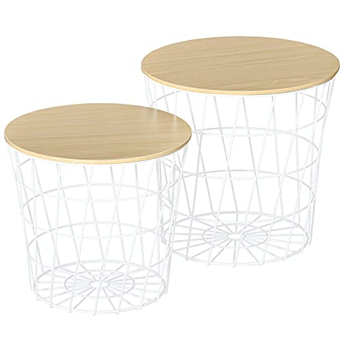 Homcom End Tables Set Of 2, Nesting Tables With Storage, Round Accent Side Tables With Removable Top For Living Room, Bedroom, White/Natural #TOP11