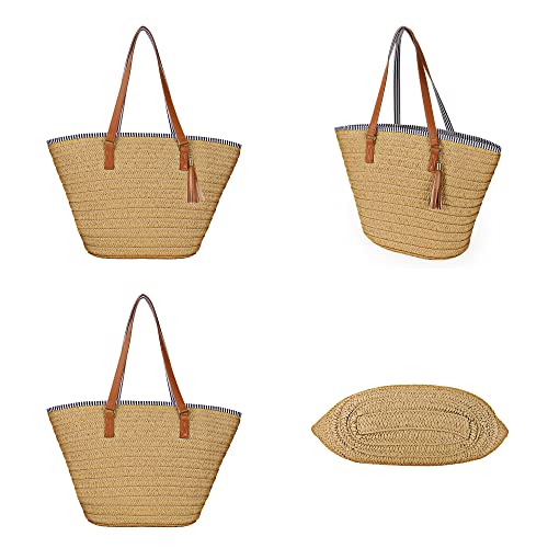 Bolso de hombro grande de paja para mujer miniatura 4
