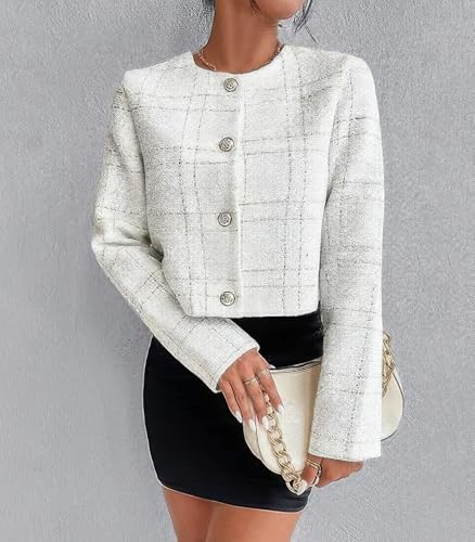 ebossy Women's Collarless Plaid Tweed Blazer Elegant Open Front Button Down Casual Business Glitter Jacket3