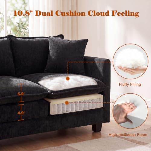 Image of 50'' Loveseat Sofa Set, Small Couch Set 2 Piece Cloud Love Seat with 27 inch Deep Seat Washable Chenille Pillows Couches for Small Spaces Apartment Living Room, Black