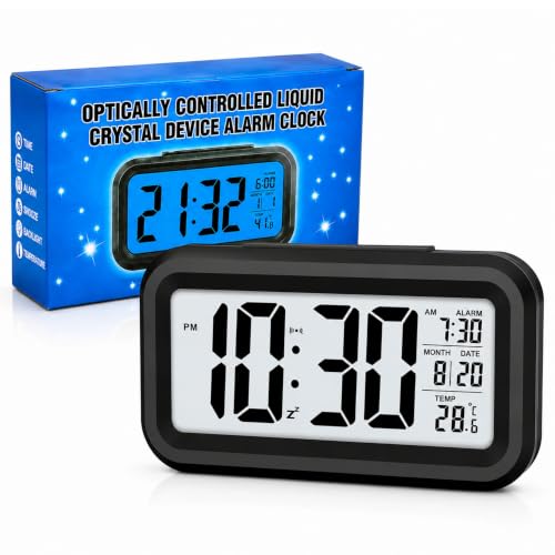 Image of Digital Alarm Clock with Automatic Sensor LED Display Table Clock Date Time & Temperature Display Smart Desk Clock for Students, Bedroom Home & Office Black | Date Display, Time Display, Temperature Display, For Students, Bedroom, Home & Office