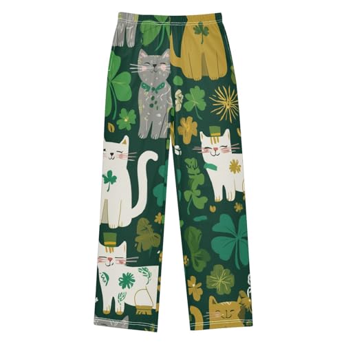 Cat Lucky Clover Boys Long Pants Soft Trousers Elastic Waist Kids Lounge Bottoms with Pockets S-XL