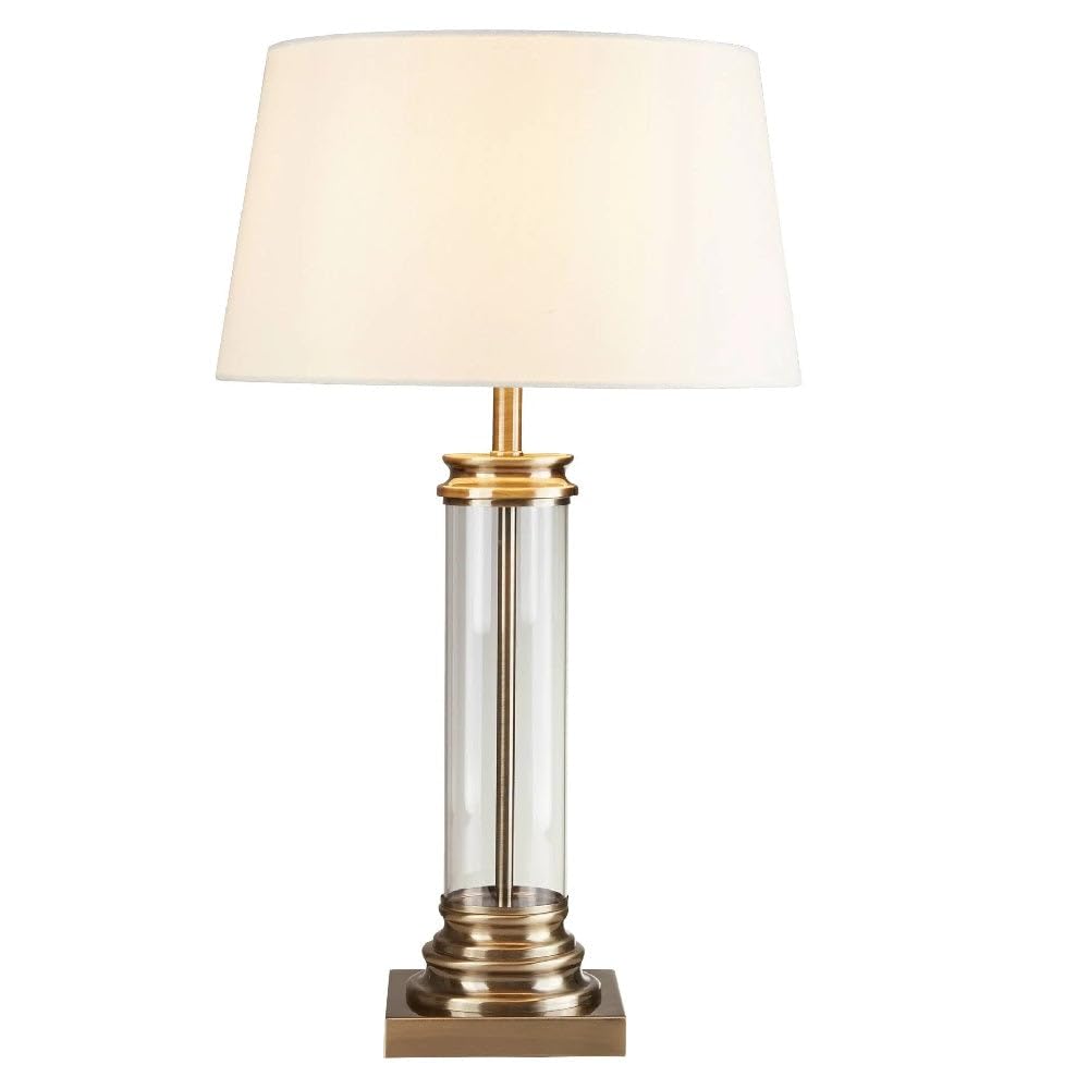 Britalia Antique Brass Table Lamp with Clear Cylinder Glass, Cream Fabric Shade, E27, 37cm Diameter, 63cm Height