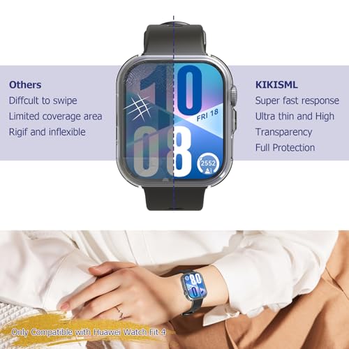 KIKISML 2 PCS Screen Protectors Compatible with Huawei Watch Fit 4, Full Protective Ultra Slim Soft TPU Case Cover Compatible with Huawei Watch Fit 4(Black, Clear)