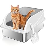 OneBug Stainless Steel High Sides Cat Litter Box with Scoop, Open Top Litter Pan for Indoor Cats, Easy to Clean, Reduced Litter Scatter, Medium Size