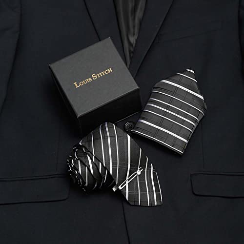 Image of LOUIS STITCH Mens Black Italian Silk Necktie Set Incl Pocket Square Chrome Tiepin American Style Formal Tie Gift Set for Men (TECPBL-#)