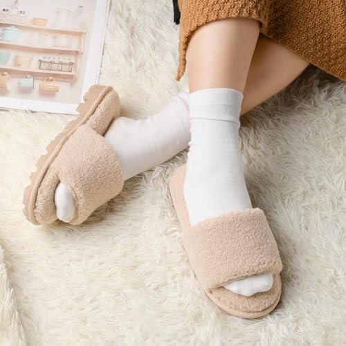 MIXIN Women's Open Toe Slippers Indoor Warm Fuzzy Fur Lining Soft Anti-Slip House Shoes3