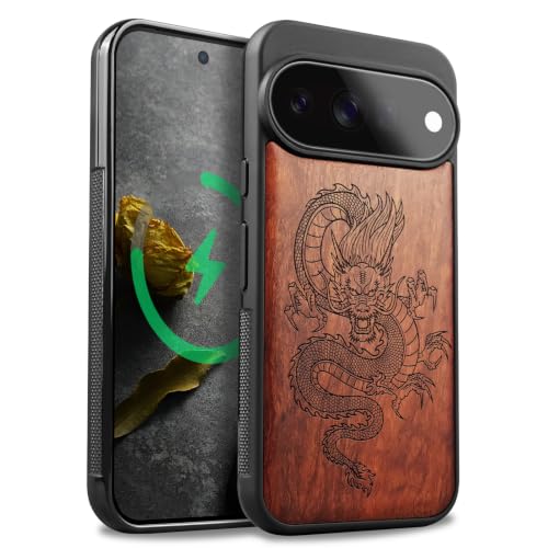 Coque Pixel 11 Pro XL compatible Magsafe, étui bois antichoc rosé dragon Carveit