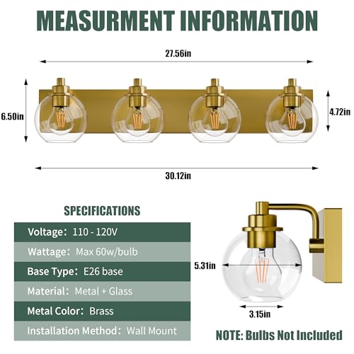 Image of 4 Light Bathroom Light Fixtures-Brushed Gold Bathroom Vanity Lights, Modern Vanity Lights 4-Light Bathroom Lighting Fixtures Over Mirror with Clear Glass Globe Shade