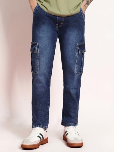 Image of Urbano Fashion Men's Regular Fit Washed Cargo Jeans with 6 Pockets Stretchable