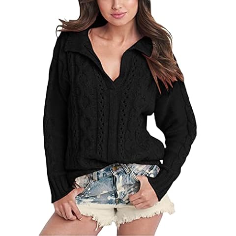 Bigeoosh Women's Casual Drop Shoulder V Neck Cable Knit Sweaters Casual Long Sleeve Pullover Sweater Jumper Tops, Black, XX-Large Cover