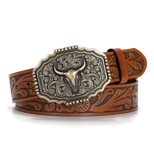 Western Belts for Woman Men, Cowboy Cowgirl Belt Embossed Western Country Bull Buckle Leather Belts for Jeans