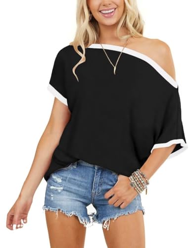 LEEDYA Off The Shoulder Tops for Women Summer Sexy Short Sleeve Color Block T-Shirts Casual Oversized Batwing Tunic Top2