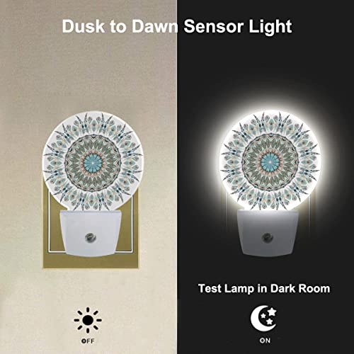 Image of Flower Mandala Night Lights Plug into Wall Turquoise Yellow Blue Floral Paisley LED Dusk to Dawn Plug-in Nightlight Auto Sensor for Bedroom Bathroom Hallway Living Room