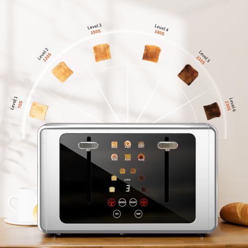 Image of WUNLY Smart Digital 4 Slice Toaster with Touch Screen, 1.5'' Extra Wide Slots for Bagel, Digital Countdown & Sound Control, 6 Bread Types & 6 Shade Settings, Defrost /Reheat /Standby, Stainless Steel