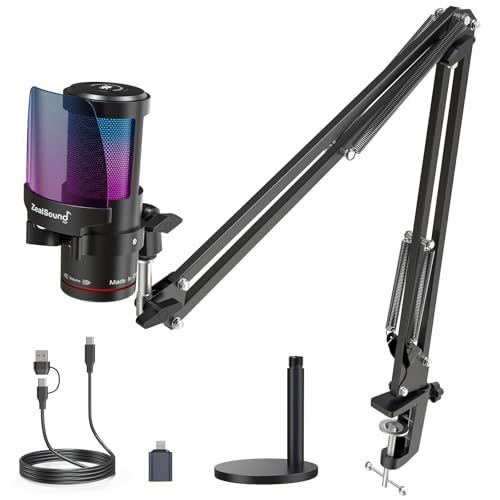 Zealsound USB ゲーミングマイク *Phone用 コンデンサー ミュートボタン カーディオイド指向性 RGB光り プラグ＆プレイ パソコン用 実況 ライブ配信 ポッドキャスト ストリーミング Skype Discord Zoom Windows/Mac/PS4/5対応 マイクロホンキット（黒）
