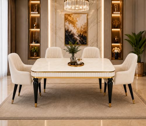Image of 4 Seater Dining Table Set with Nano Composite Marble Top, Solid Wood Base & 4 Upholstered Chairs, Modern Dining Table Set for Home & Dining Room Furniture (Cream, White Marble Top, 4 Seater)