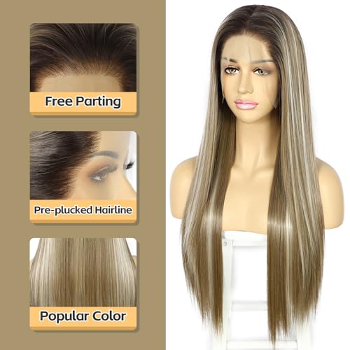 Sapphirewigs 13x6 Straight Lace Front Wigs Brown Long Straight Wig for Women Lace Front Synthetic Hair 150% Density Party Daily Wear Heat Resistant 26inch - Image 3