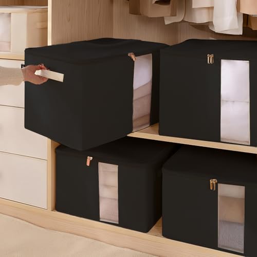 Image of JD FRESH Fabric 2 Pcs 30 Liters Cloth Organizer For Storage /Foldable Box With Handles /Almirah Organizer With Transparent Window /Wardrobe Organizers For Clothes /Sarees /Blankets /Bedsheets,Black