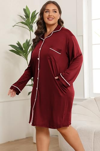 Image of Vozanet Women Button Down Nightgown Plus Size Nursing Nightshirt Long Sleeve Nighty Bridal Dress with Pockets XL-5XL