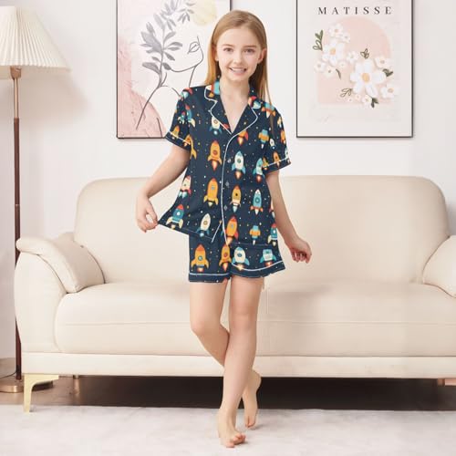 senya Colorful Rocket Cartoon Satin Summer Pajama Sets Silk Short Sleeve Button Down Sleepwear4