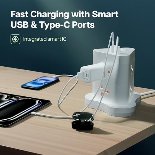 Image of Geonix PowerSpan Fort | Extension Board /Strip, 2500 Watts, 10 Amps, 1x Type C Port, 6X Universal Socket, 2X USB Port, LED Indicator, On /Off Switch, 5mtr Long Pure Copper Cable (White)