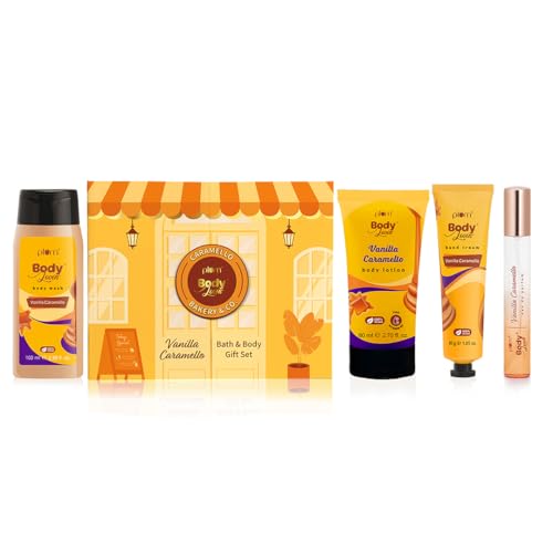 Image of Plum BodyLovin' Vanilla Caramello Bath & Body Gift Set | Body Wash | Body Lotion | Hand Cream| Perfume | Long-Lasting Warm Vanilla Fragrance | Gift Set For Women | Gifting For Birthday, Valentine's, Anniversary, Rakhi & Special Occasions| Premium Gift Packaging | Pack Of 4