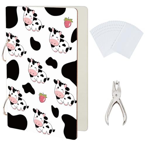 SUPERDANT Grußkarten Organizer Mit Cartoon Kuh Motiv Tier Grußkarten Ordner Lustiger Kartenhalter Aus Holz 2 Ring Postkartenalbum Für Geburtstage Und Hochzeiten Mit Locher Und 20 Taschen