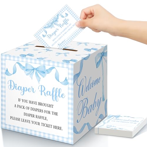 Image of Teling 51 Pieces Diaper Raffle Tickets with Card Box,Blue Bow