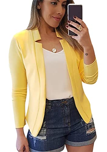 OMZIN Femme Blazer Open Front Cardigan Veste Travail Bureau Cropped Blazer Jaune M