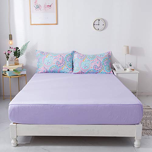 Softta Vintage Queen Size Boho Colorful Paisley 100% Cotton 4Pcs Girls Kids Western Bedding Sheets Sets 1 Paisley Pattern Flat Sheets 98'×102'+1 Pure Purple Fitted Sheets 60'×80'+16.5'+2 Pillowcase #TOP1