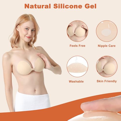 Image of LAZYROSY Sticky Bra Push Up Backless Bras Strapless Stick on Bra Invisible Adhesive Bra with Nipple Covers for Women (Nude, C)