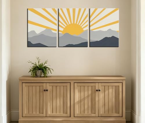 Image of Frimeeme Modern Boho Sun Canvas Wall Art, Set of 3, Framed | Yellow and Gray Mountain Sunrise, 12x16 Inch Each, Ready To Hang