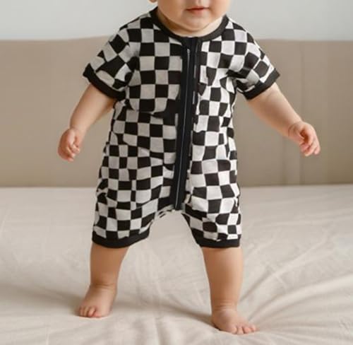 Karuedoo Newborn Baby Boy Girl Clothes Checkered Zipper Short Sleeve Romper Jumpsuit One-Piece Bodysuit Infant Summer Outfit4