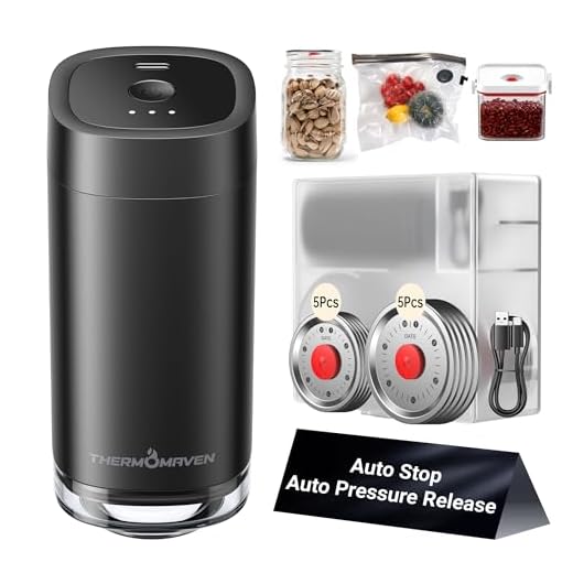 ThermoMaven Mason Jar Vacuum Sealer Kit with 10 Pcs Patented Reusable Lids, 4-in-1 Automatic Vacuum Sealer for Canning Jars, Vacuum Bag, Container, Wine Stopper, One-Handed, Auto-stop, Black